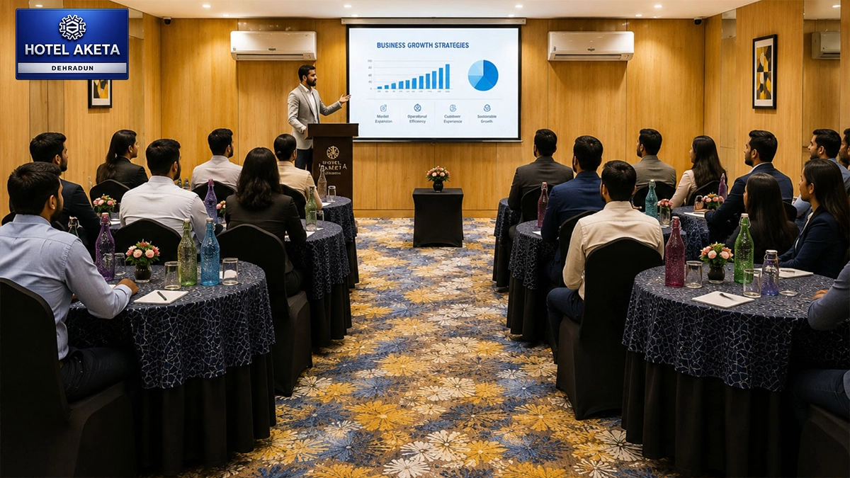 Corporate meeting in progress at The Grand Chamber, Hotel Aketa Dehradun's multi-style conference venue 