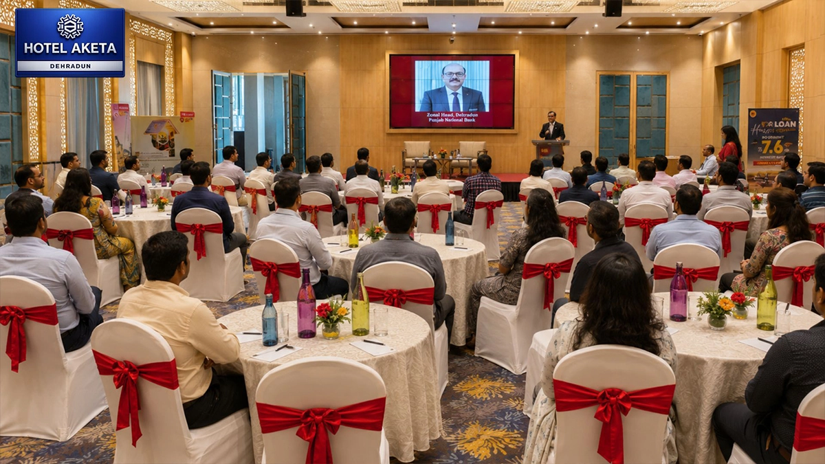 Somerset Hall at Hotel Aketa Dehradun set up for a large corporate event with cluster seating 