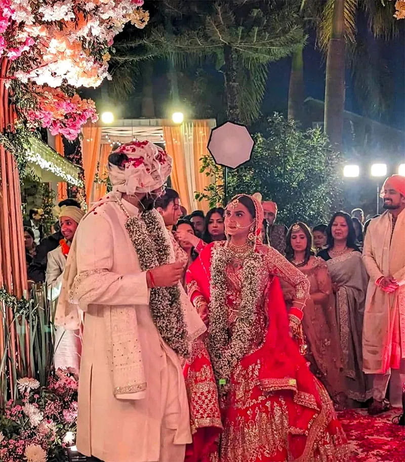 Wedding Couple at Floral Night Ceremony — Hotel Aketa Dehradun