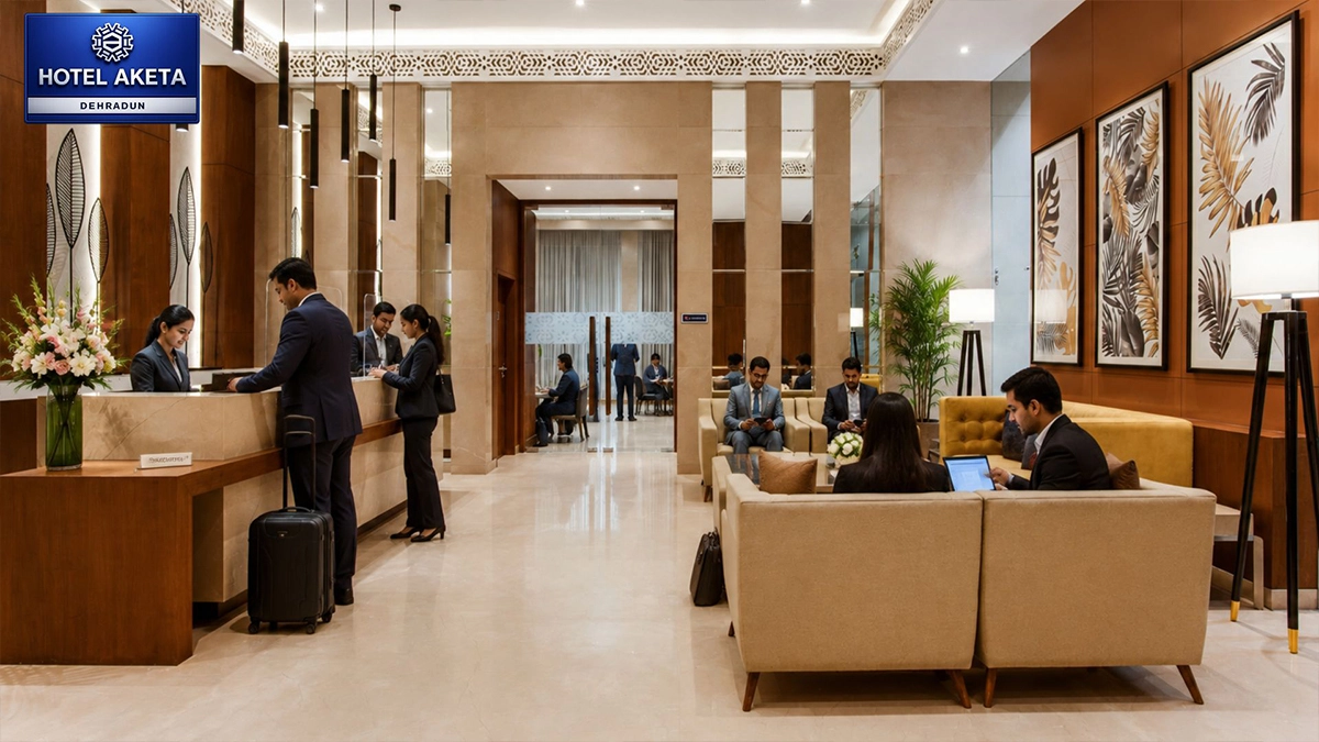 Hotel Aketa Dehradun reception and lobby lounge — business travelers checking in to their rooms for multi-day conference