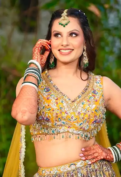 Smiling Bride in Yellow Lehenga at Garden Wedding Venue — Hotel Aketa Dehradun