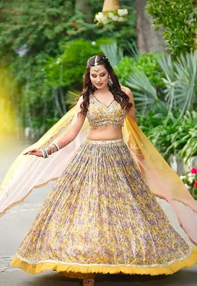 Bride in Yellow Floral Lehenga at Outdoor Wedding Venue — Hotel Aketa Dehradun